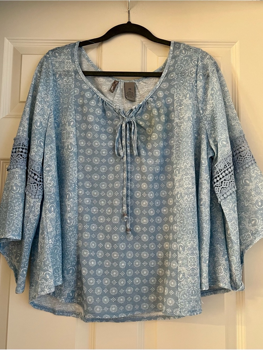 New Directions Light Blue Printed Tie-Front Tunic with Lace Sleeve Insets
